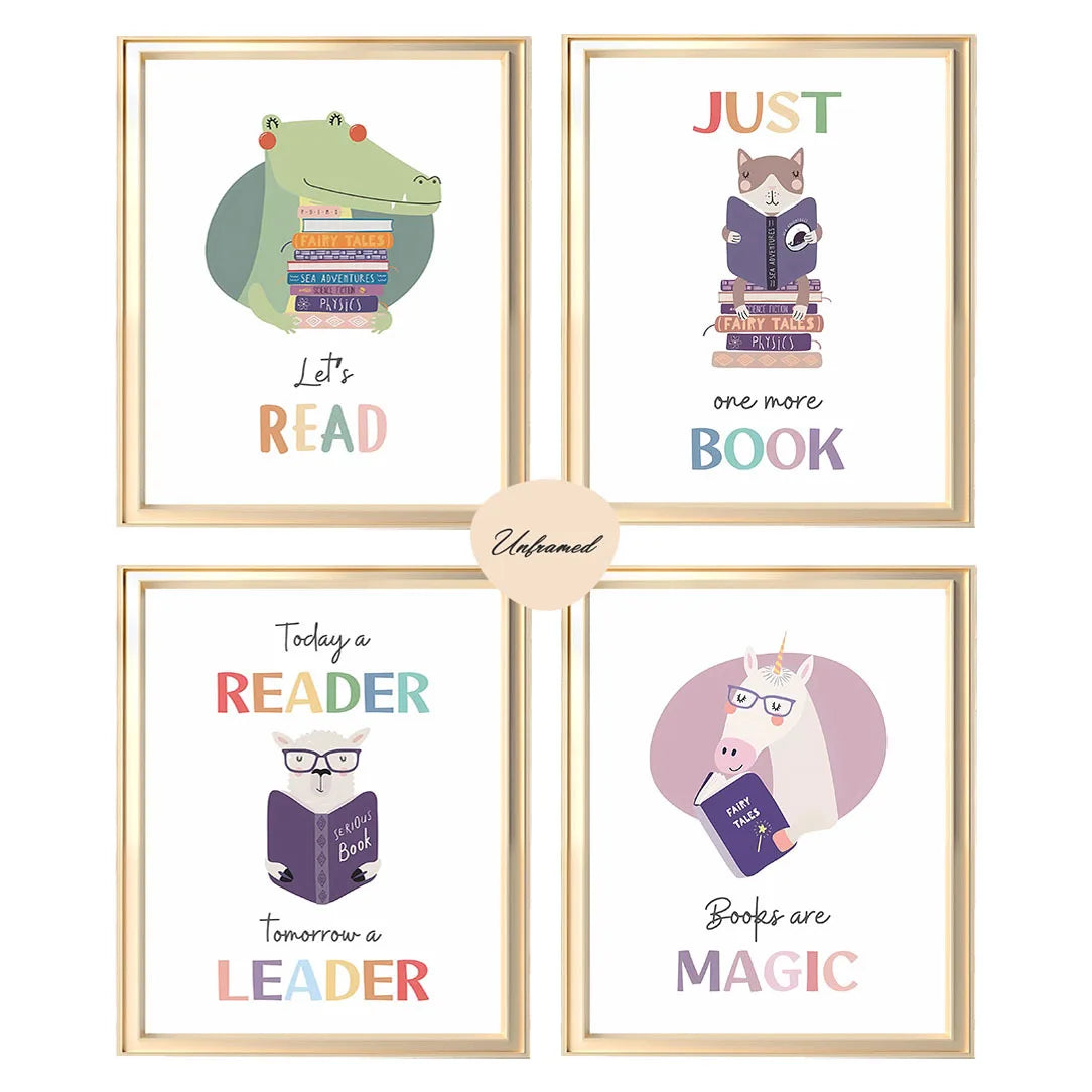 4pcs Set Bohemian Style Animal Reading Posters