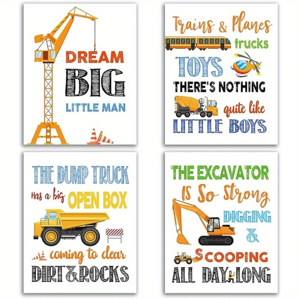Set of 4 Construction Themed Boys Room Wall Art Prints - Frameless Educational Posters with Inspirational Quotes for Nursery
