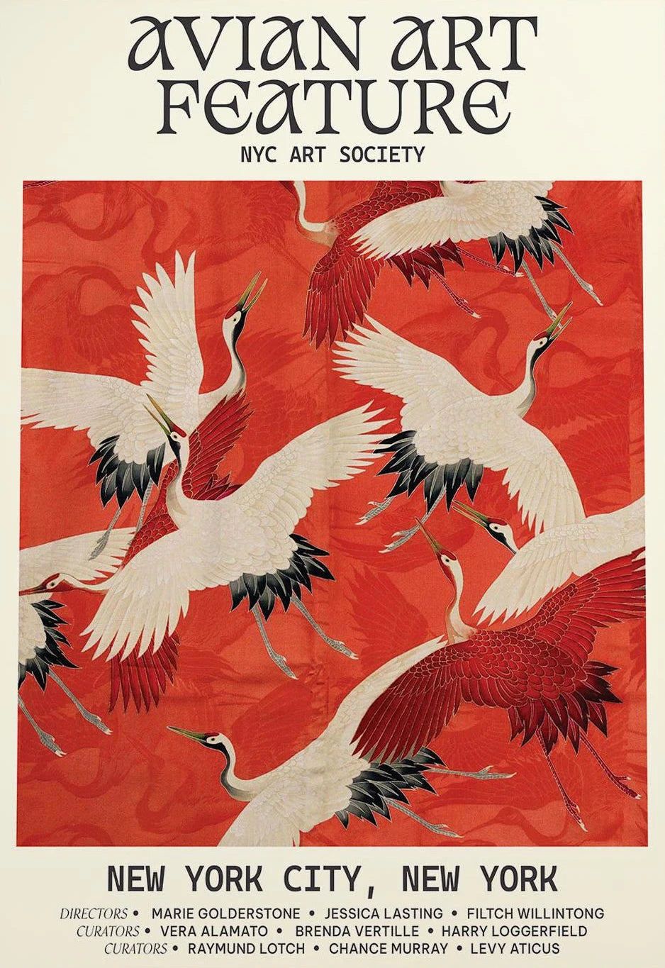 Retro Japanese Style Flying Crane Tiger Geisha Flower Bird