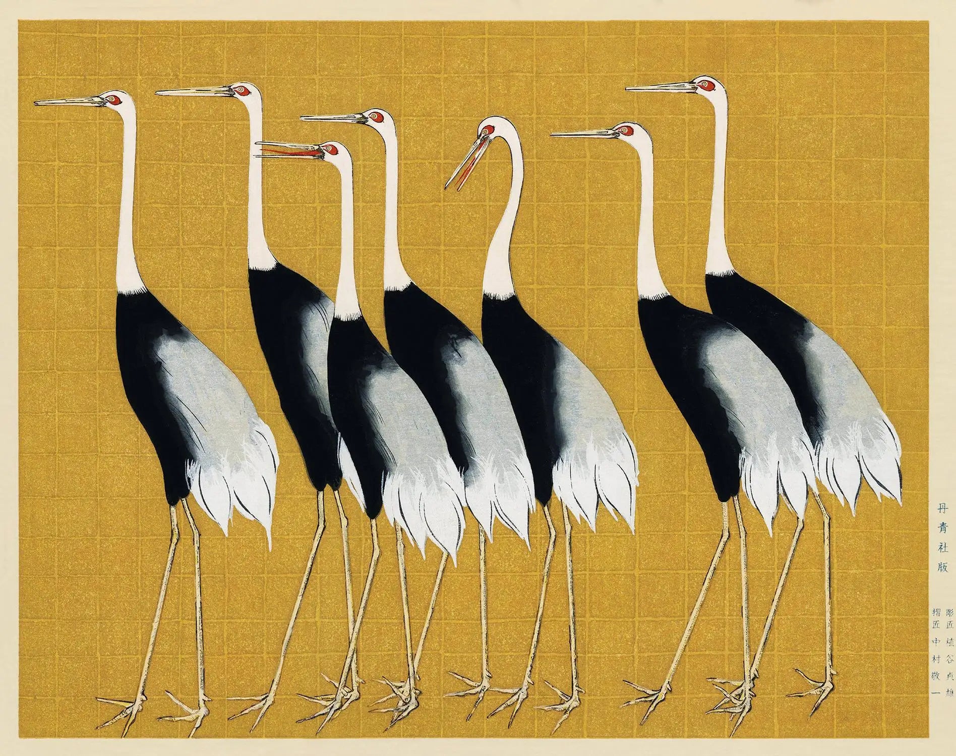 Retro Japanese Style Flying Crane Tiger Geisha Flower Bird