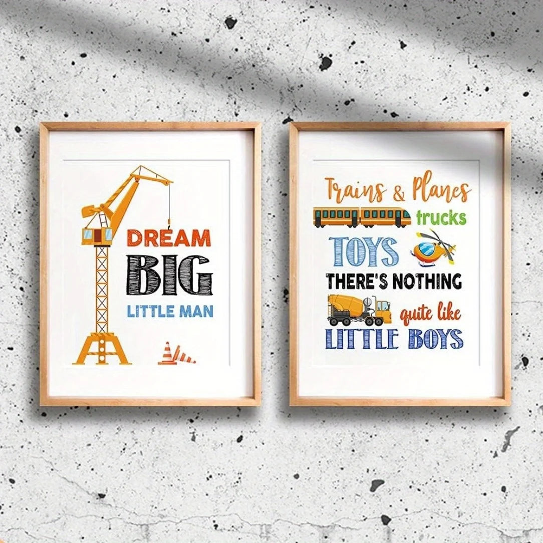 Set of 4 Construction Themed Boys Room Wall Art Prints - Frameless Educational Posters with Inspirational Quotes for Nursery
