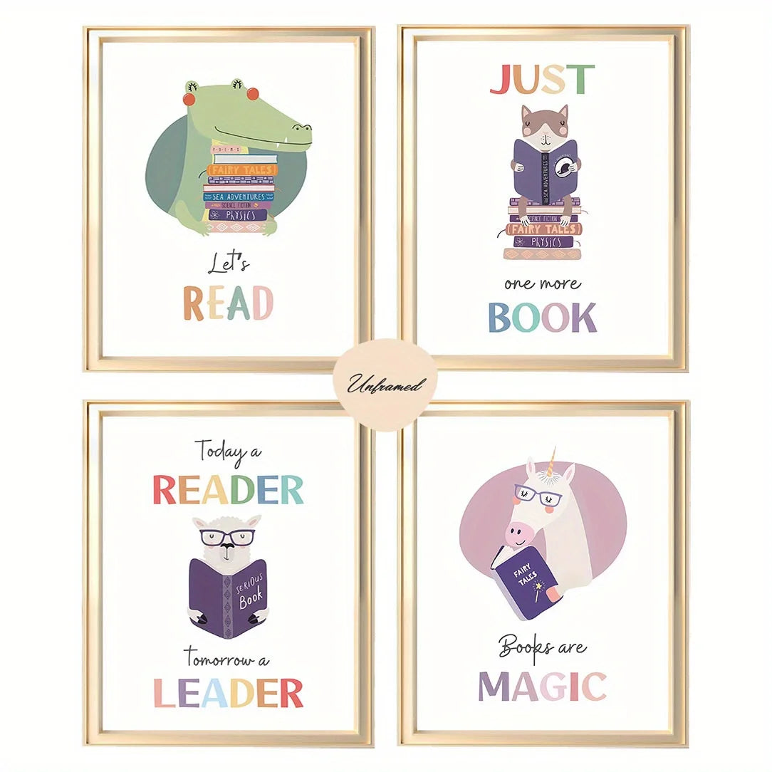 4pcs Set Bohemian Style Animal Reading Posters