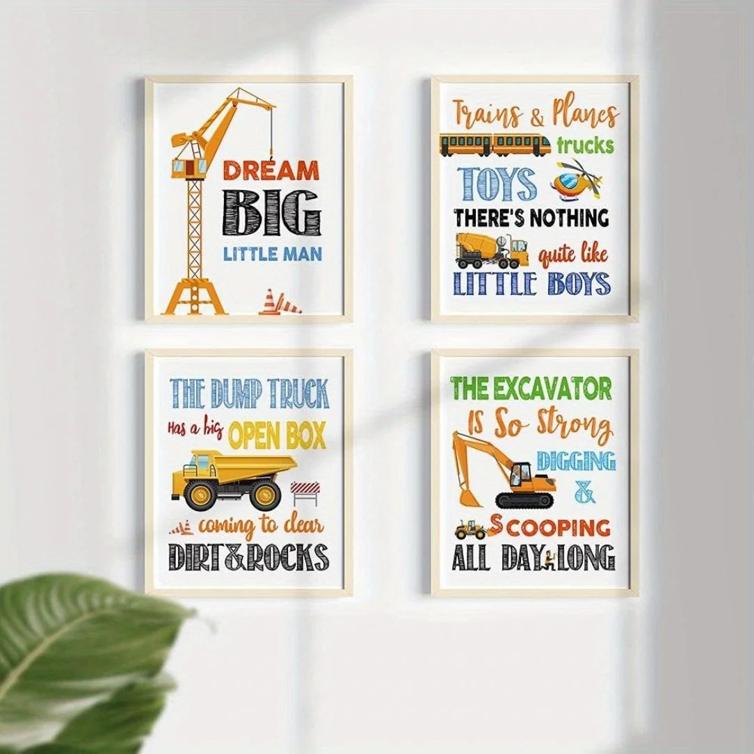 Set of 4 Construction Themed Boys Room Wall Art Prints - Frameless Educational Posters with Inspirational Quotes for Nursery
