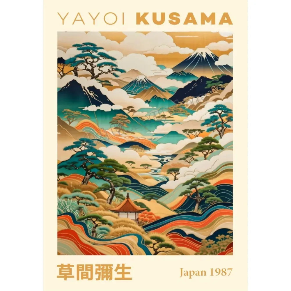 Yayoi Kusama Japanese Style Geometric Mountain Landscape Exhibition Poster Canvas Painting Wall Art Picture Home Interior Decor