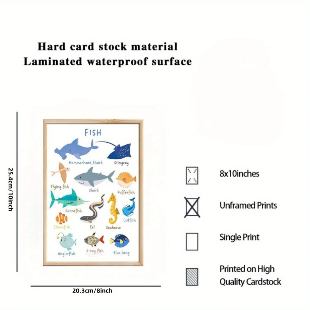 6pcs Educational Preschool Posters Set - Laminated, Waterproof Animal Kingdom Wall Charts | Frameless, 8X10 Inch - Fish, Bird