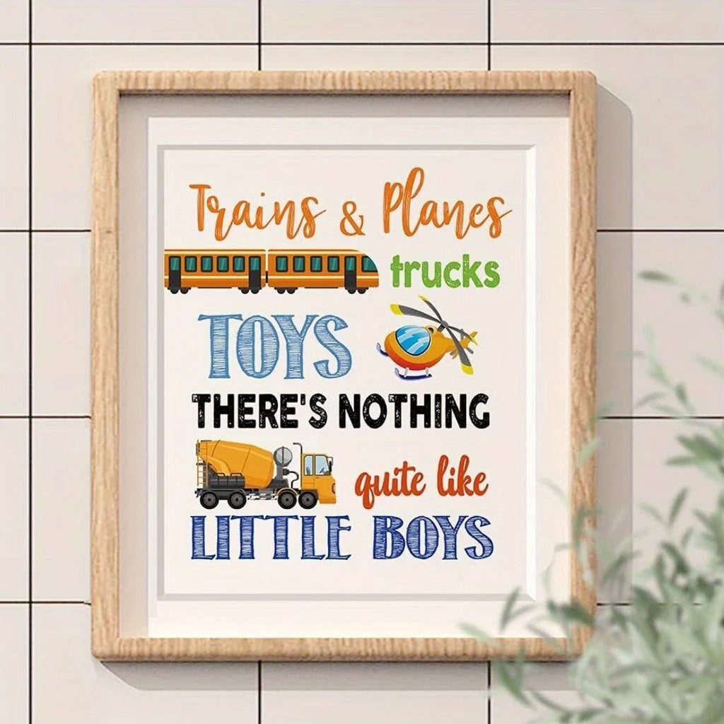 Set of 4 Construction Themed Boys Room Wall Art Prints - Frameless Educational Posters with Inspirational Quotes for Nursery