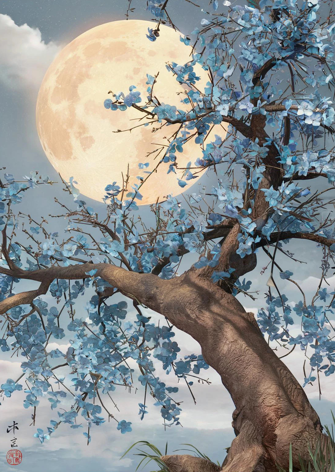 Retro Japanese Style Flying Crane Tiger Geisha Flower Bird