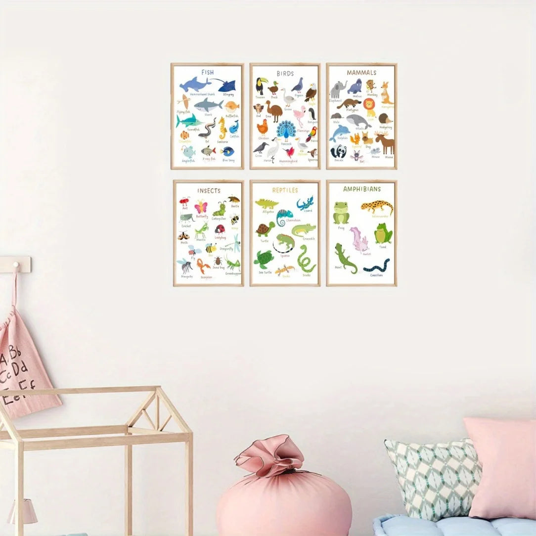 6pcs Educational Preschool Posters Set - Laminated, Waterproof Animal Kingdom Wall Charts | Frameless, 8X10 Inch - Fish, Bird