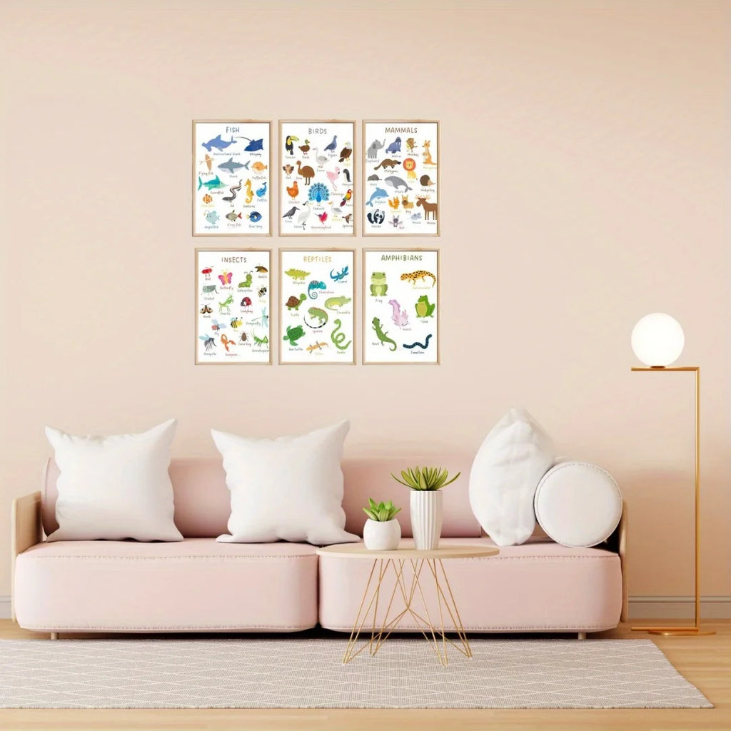 6pcs Educational Preschool Posters Set - Laminated, Waterproof Animal Kingdom Wall Charts | Frameless, 8X10 Inch - Fish, Bird