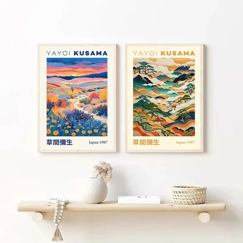 Yayoi Kusama Japanese Style Geometric Mountain Landscape Exhibition Poster Canvas Painting Wall Art Picture Home Interior Decor