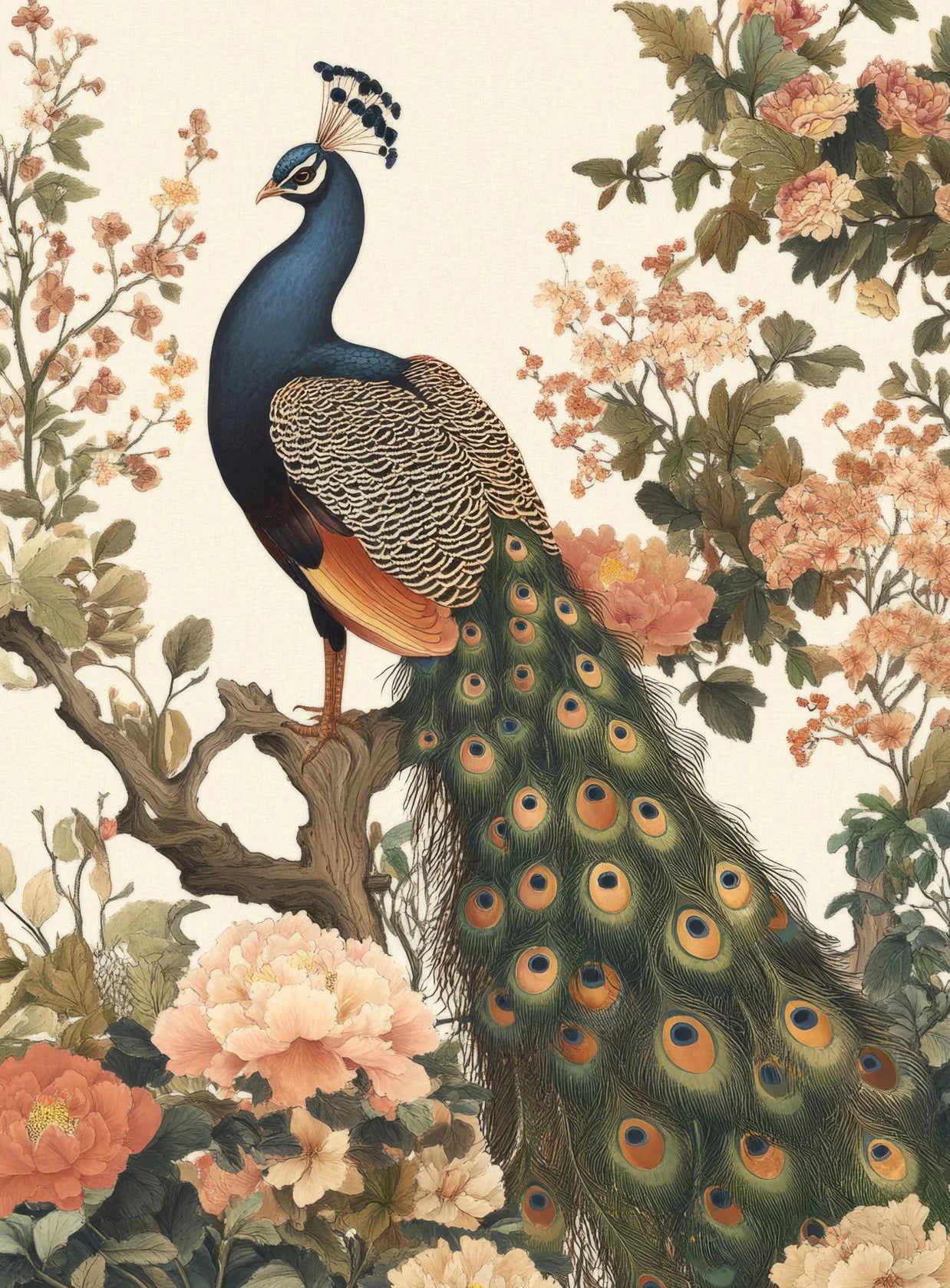 Retro Japanese Style Flying Crane Tiger Geisha Flower Bird